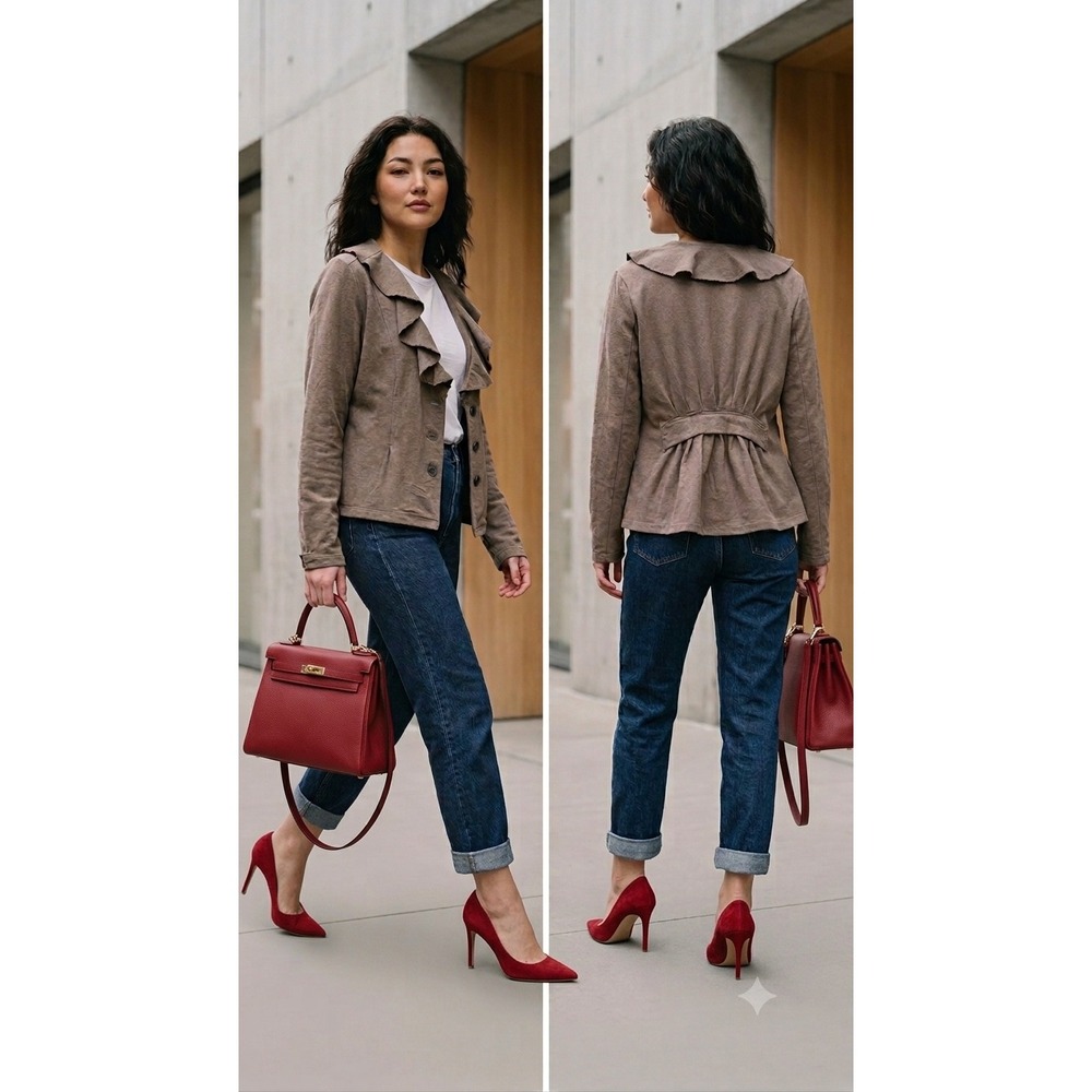 Nine West Vintage America Ruffle Jacket Brown Knit Peplum Blazer Boho Size L